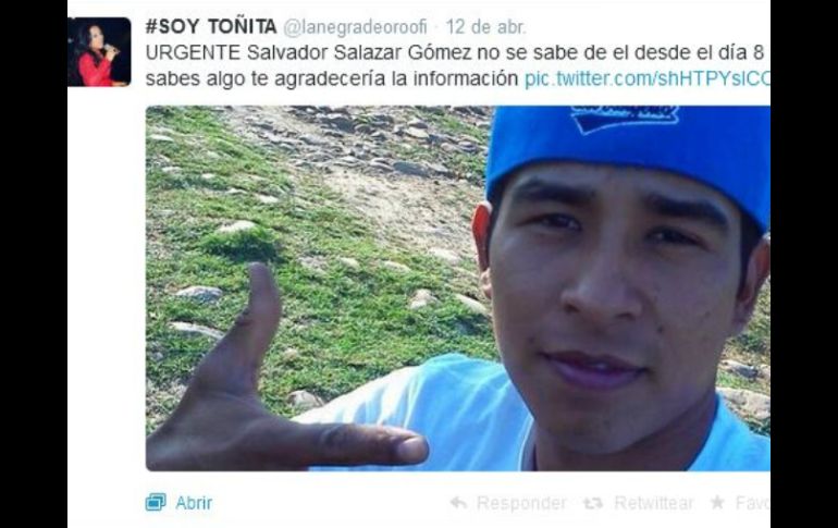 La cantante denunció en redes sociales la desaparición de Salvador Salazar. ESPECIAL /