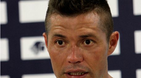 El jugador uruguayo durante la rueda de prensa ofrecida en el Estadio Olímpico Universitario tras el entrenamiento de hoy. NTX / C. Báez