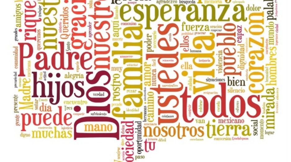 Nube de palabras creada a partir de las transcripciones de todos los discursos del Papa Francisco en México. ESPECIAL / tagxedo.com