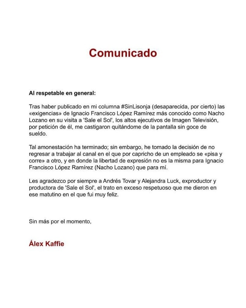 Comunicado de Álex Kaffie.&nbsp;ESPECIAL
