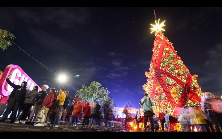 Adornado con cintas rojas y nochebuenas, el árbol fue iluminado con la catedral de fondo, seguido de un espectáculo de fuegos artificiales de todos colores, que chicos y grandes captaron con sus teléfonos celulares. EL INFORMADOR/ H. FIGUEROA