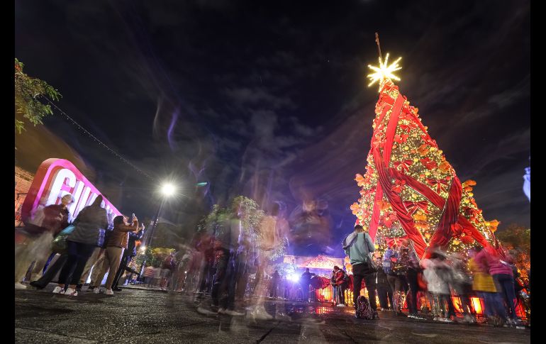 Adornado con cintas rojas y nochebuenas, el árbol fue iluminado con la catedral de fondo, seguido de un espectáculo de fuegos artificiales de todos colores, que chicos y grandes captaron con sus teléfonos celulares. EL INFORMADOR/ H. FIGUEROA