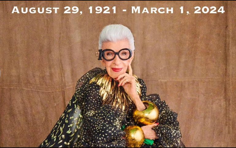 La diseñadora y empresaria estadounidense falleció el día de ayer; el anuncio se dio en sus redes sociales ESPECIAL / X: 
@IrisBApfel