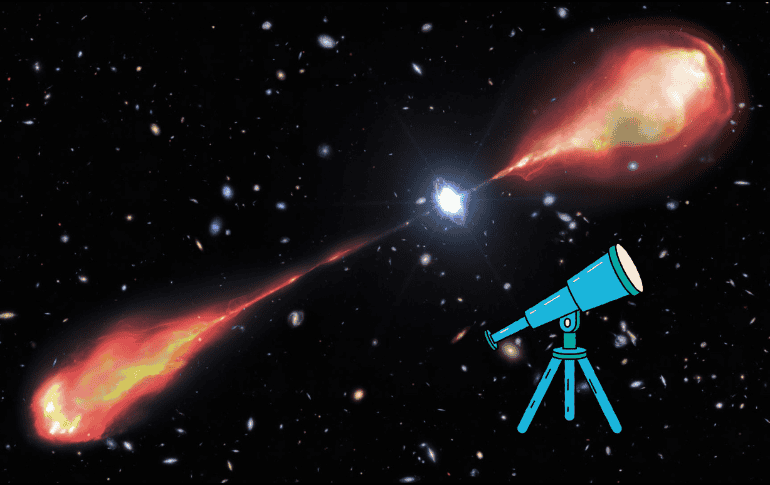 Este chorro de materia tiene el doble del tamaño de la Vía Láctea, ha sido identificado por una colaboración de astrónomos y telescopios. EFE/ NOIRLab/NSF/AURA/M. Garlick/ CANVA