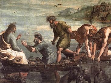 «Jesús le dijo a Simón: “No temas; desde ahora serás pescador de hombres”. Luego llevaron las barcas a tierra y, dejándolo todo, lo siguieron». WIKIMEDIA/«La pesca milagrosa», de Rafael Sanzio
