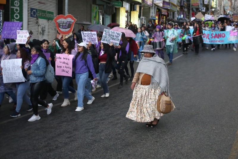  Una mujer aimara participa durante una marcha por el Día Internacional de la Mujer el pasado viernes en La Paz, Bolivia. EFE/L. Gandarillas