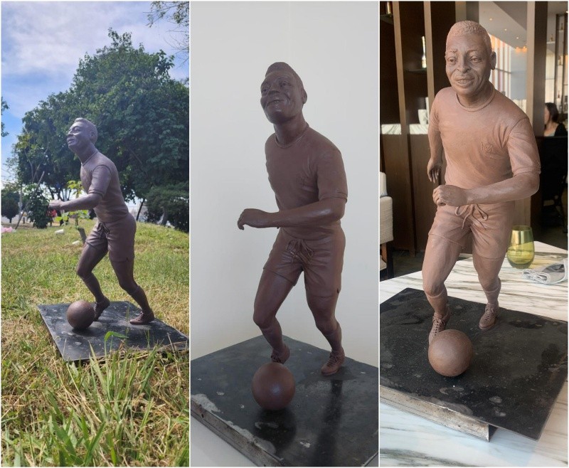Así lucen el modelo y prototipo en plastilina de la estatua de Pelé; la obra final tendrá una altura de seis metros y medio, sin contar el pedestal. ESPECIAL