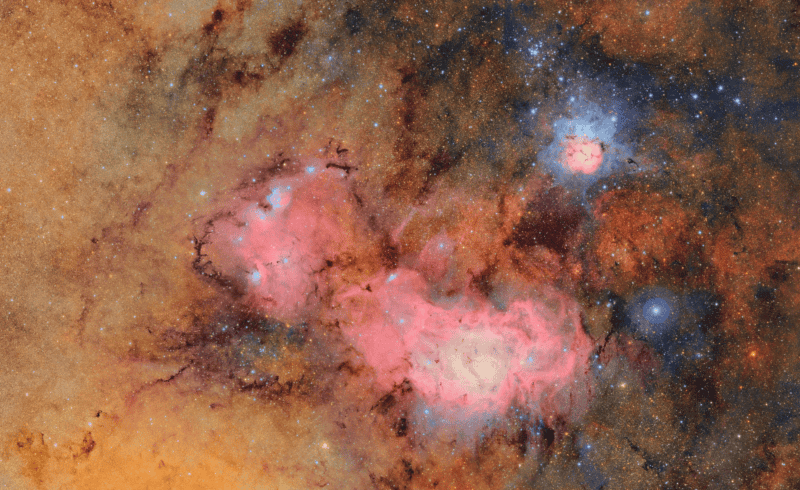 Las vibrantes nebulosas Trífida y Laguna, situadas a miles de años luz de la Tierra. ESPECIAL / NSF-DOE Vera C. Rubin Observatory.  