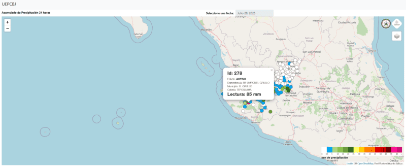  Red pluviométrica para el lunes 28 de julio. ESPECIAL / UEPCBJ