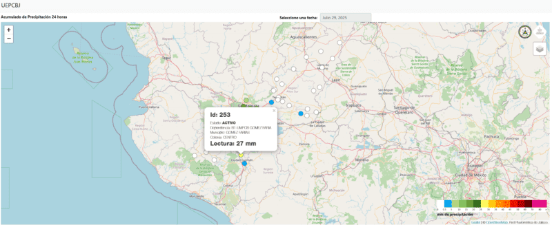  Red pluviométrica para el martes 29 de julio a las 08:00 horas. ESPECIAL / UEPCBJ