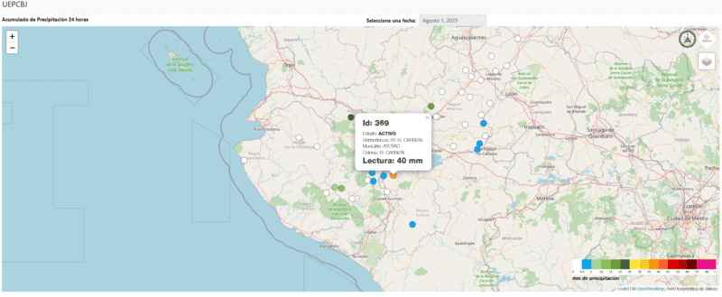 Así luce el acumulado de lluvia durante las primeras horas del primero de agosto de 2025. ESPECIAL / UEPCBJ 