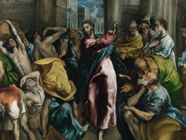 «Jesús llegó a Jerusalén y encontró en el templo a los vendedores de bueyes, ovejas y palomas, y a los cambistas con sus mesas. Entonces hizo un látigo de cordeles y los echó del templo». WIKIPEDIA/«Expulsión de los mercaderes del Templo», de El Greco
