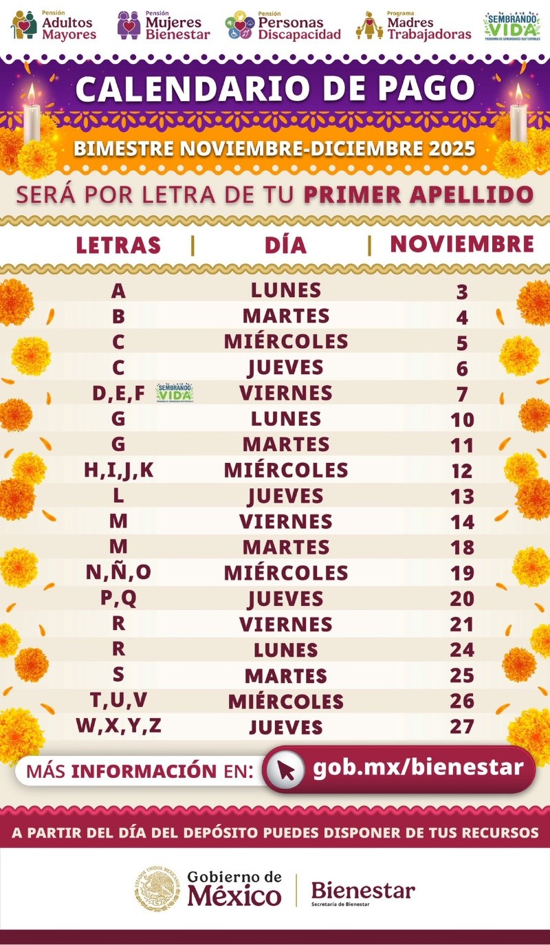  Calendario de pagos Pensión Bienestar noviembre 2025. ESPECIAL