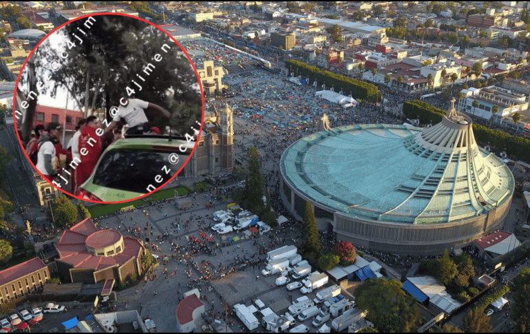 Un grupo de peregrinos arremete contra un vehículo, cerca de la Basílica de Guadalupe. SUN / ARCHIVO / ESPECIAL / X / @c4jimenez