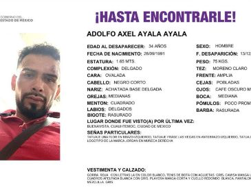 Adolfo Axel Ayala Ayala es un joven de 34 años, mide un metro con 65 centímetros, delgado, moreno, con cabello ondulado negro. ESPECIAL/ X/ @COBUPEM