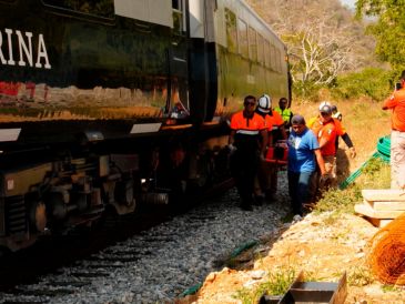Integrantes de equipos de rescate trasladan a una persona herida luego del descarrilamiento del Tren Interoceánico en el municipio de Asunción Ixtaltepec, en Oaxaca. EFE/ L. Villalobos