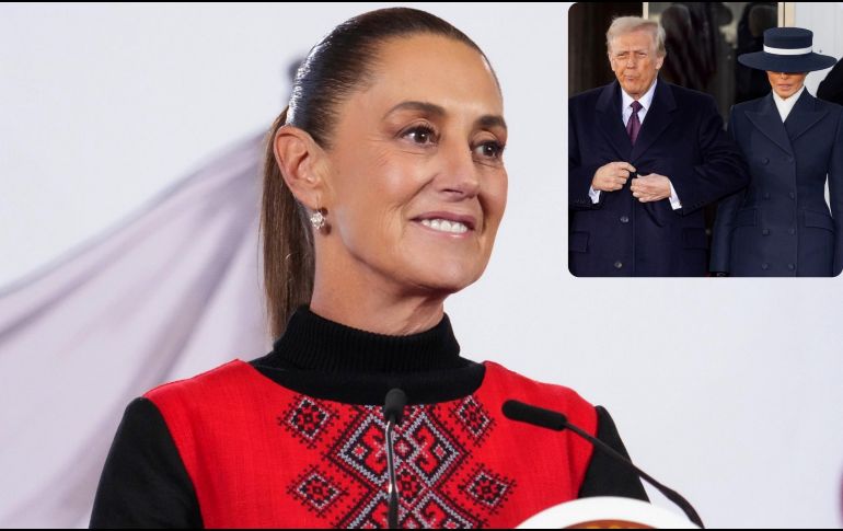 Imagen que combina a la Presidenta Claudia Sheinbaum, el mandatario estadounidense Donald Trump y su esposa, Melania. ESPECIAL / EFE
