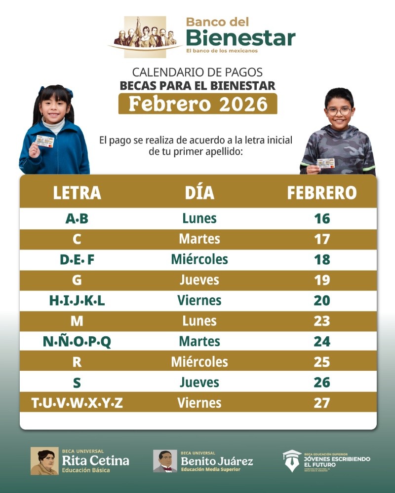Calendario oficial de pagos de las Becas Benito Juárez de febrero 2026. ESPECIAL&nbsp;