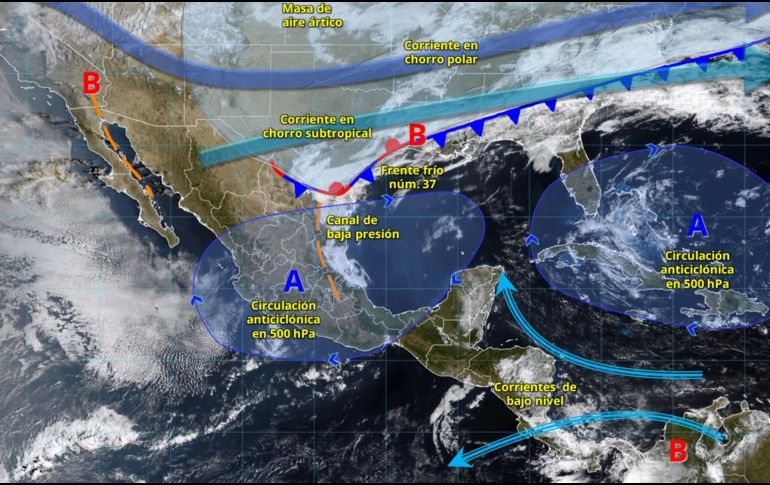 El frente frío 37 provocará precipitaciones fuertes, heladas en zonas altas, rachas intensas de viento y oleaje elevado en diversas regiones del país, informó el Servicio Meteorológico Nacional. ESPECIAL/ SMN.