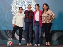 Aparecieron para anunciar el concurso la futbolista Charlyn Corral, la árbitra internacional Katia Itzel García Mendoza y la periodista deportiva Gabriela Fernández, junto a la Presidenta Claudia Sheinbaum. SUN / L. Camacho
