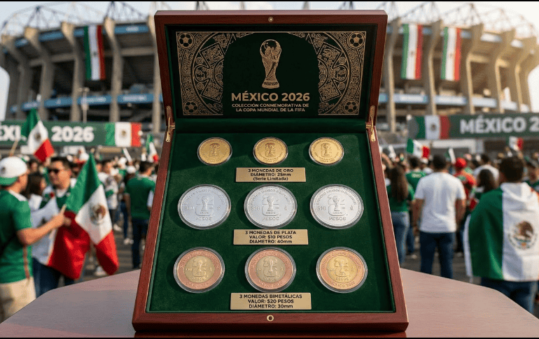 El Diario Oficial de la Federación dio a conocer los detalles y características de tres monedas conmemorativas para La Copa del Mundo de la FIFA; esta es una imagen. IA ilustrativa. IA