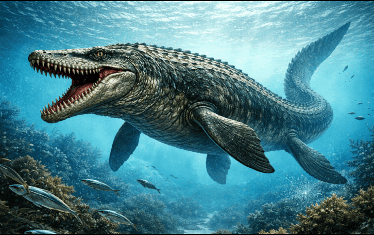 Los mosasaurios fueron predadores marinos de gran tamaño y este hallazgo revela que algunas especies tenían mandíbulas más finas y dientes adaptados a presas pequeñas. Imagen ilustrativa generada con IA de ChatGPT