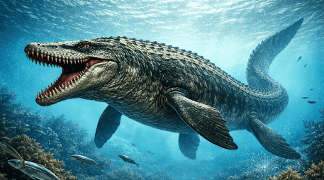 Los mosasaurios fueron predadores marinos de gran tamaño y este hallazgo revela que algunas especies tenían mandíbulas más finas y dientes adaptados a presas pequeñas. Imagen ilustrativa generada con IA de ChatGPT