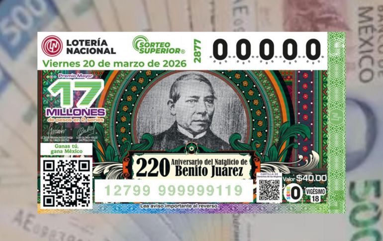 La Lotería Nacional conmemora los 220 años de nacimiento Benito Juárez. ESPECIAL/LOTERÍA NACIONAL