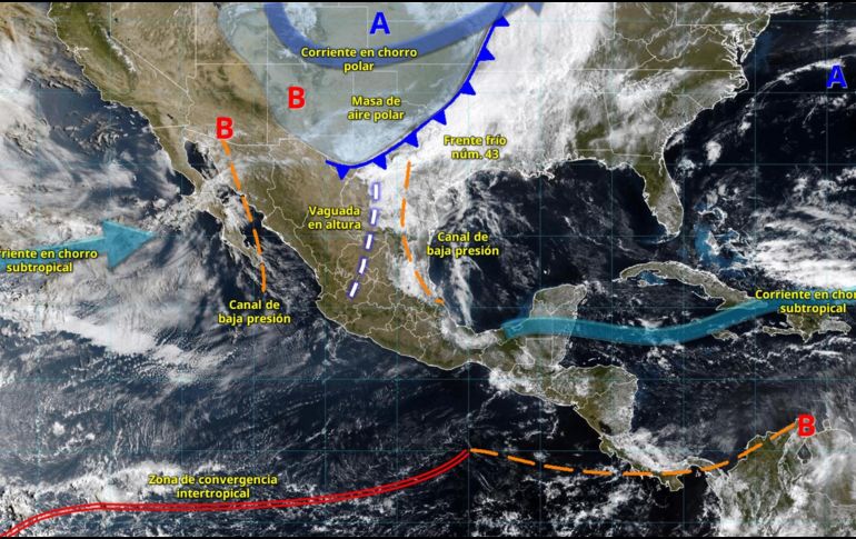 El frente frío número 43, en combinación con una masa de aire polar, una vaguada en altura y condiciones de inestabilidad atmosférica, generará un escenario de tiempo severo en amplias regiones del país durante los próximos días. ESPECIAL/ SMN.