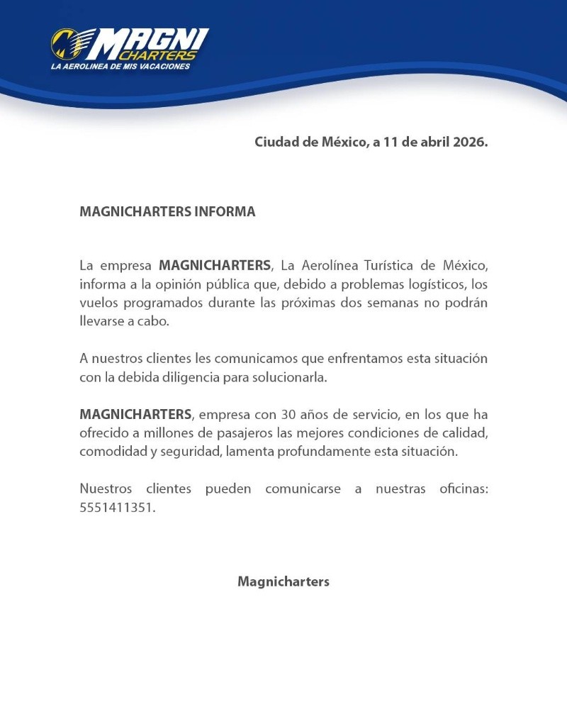&nbsp;Comunicado de Magnicharters compartido desde redes sociales. X / @Magnicharters