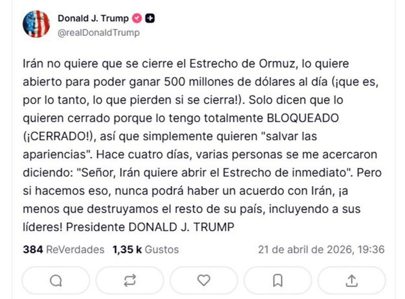 Donald Trump aseguró que Irán no quiere que 