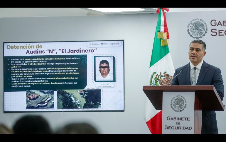 Omar García Harfuch durante una conferencia de prensa este martes 28 de abril del 2026. EFE/I. Esquivel