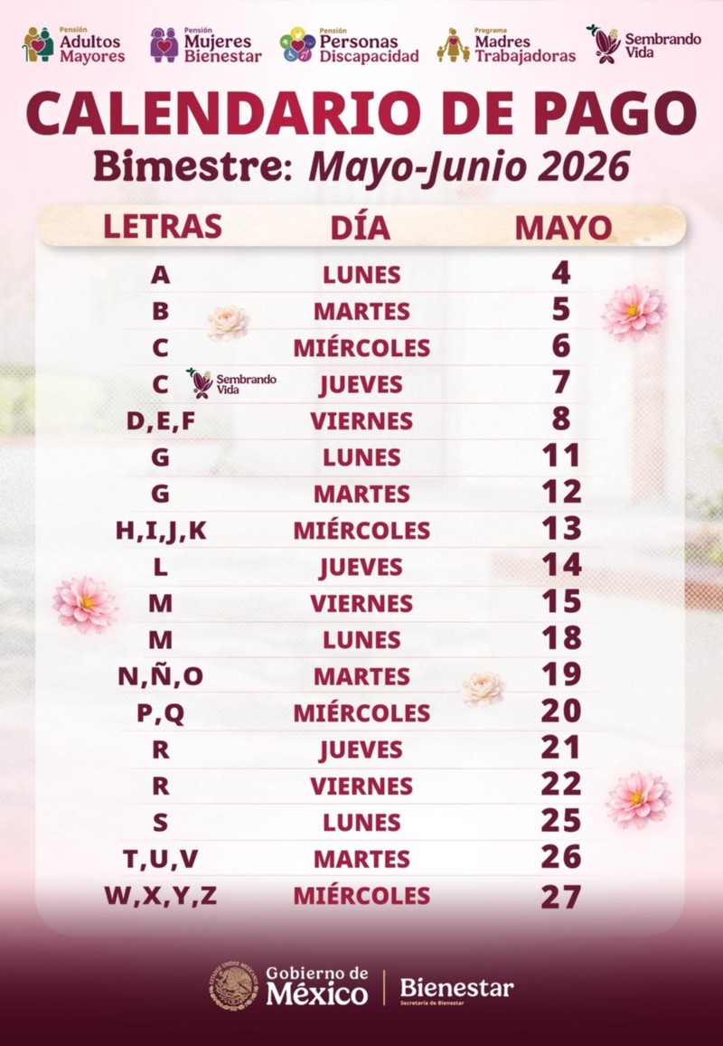 Calendario oficial de pago de la Pensión Mujeres Bienestar en mayo 2026. ESPECIAL&nbsp;