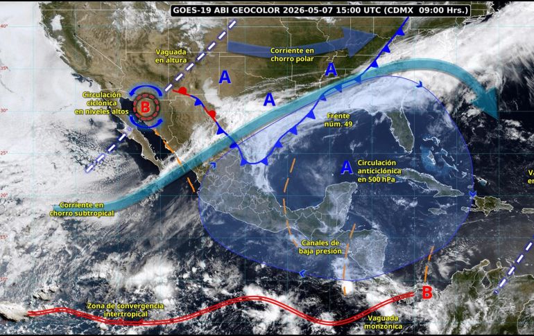 El frente frío 49, en interacción con la corriente en chorro subtropical y un canal de baja presión causan lluvias puntuales intensas en Tamaulipas y Nuevo León. ESPECIAL/Conagua