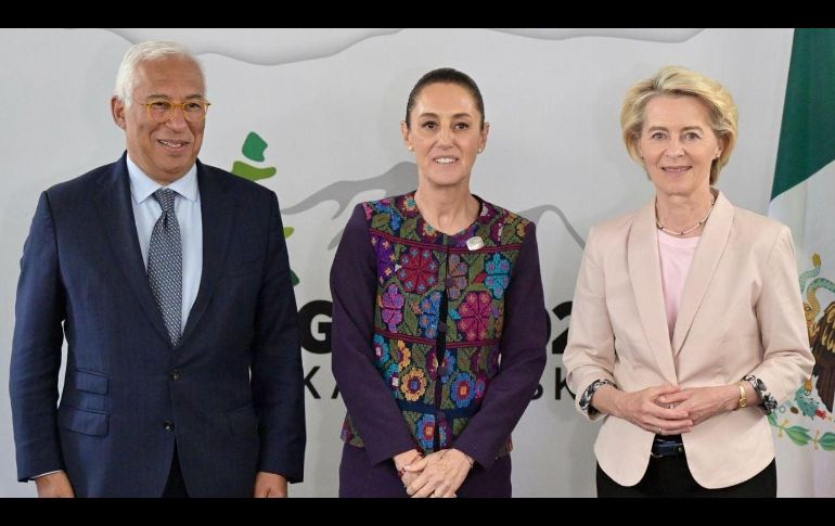 El presidente del Consejo Europeo, António Costa, la Presidenta Claudia Sheinbaum y la presidenta de la Comisión Europea, Ursula von der Leyen, en una foto de archivo del 2025. FACEBOOK/Unión Europea en México