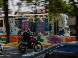 Fotografía del tren ligero con imágenes de ajolotes el sábado 23 de mayo en la Ciudad de México. EFE/I. Esquivel