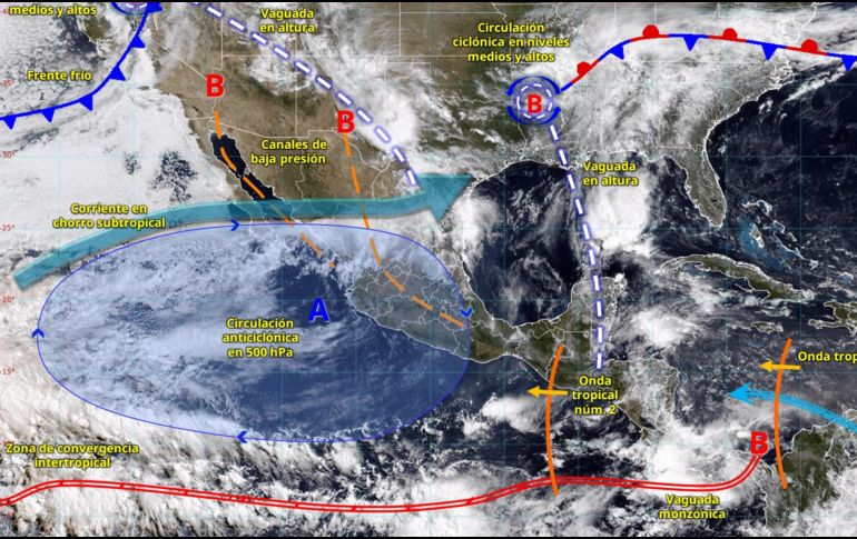 La onda tropical número 2 provocará lluvias intensas, granizo y fuertes vientos en al menos cuatro estados del país. ESPECIAL/SMN.