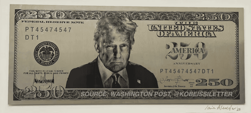 Imagen que circula en redes sociales respecto al supuesto prototipo del billete de 250 dólares con el rostro de Trump. ESPECIAL&nbsp;