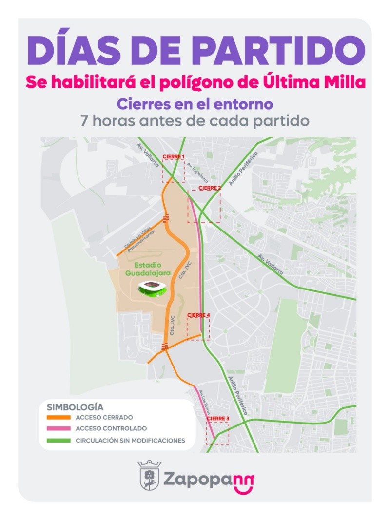De acuerdo con la información proporcionada por la Policía Vial de Jalisco, las afectaciones temporales se mantendrán hasta siete horas después de concluido el encuentro. ESPECIAL&nbsp;