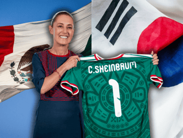 Sheinbaum mostró un espíritu mundialista y aprovechó los primeros minutos frente a los micrófonos para enviar sus mejores deseos a los jugadores de la Selección Mexicana. ESPECIAL/Presidencia de México/Canva
