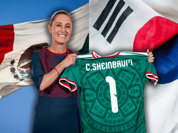 Sheinbaum mostró un espíritu mundialista y aprovechó los primeros minutos frente a los micrófonos para enviar sus mejores deseos a los jugadores de la Selección Mexicana. ESPECIAL/Presidencia de México/Canva