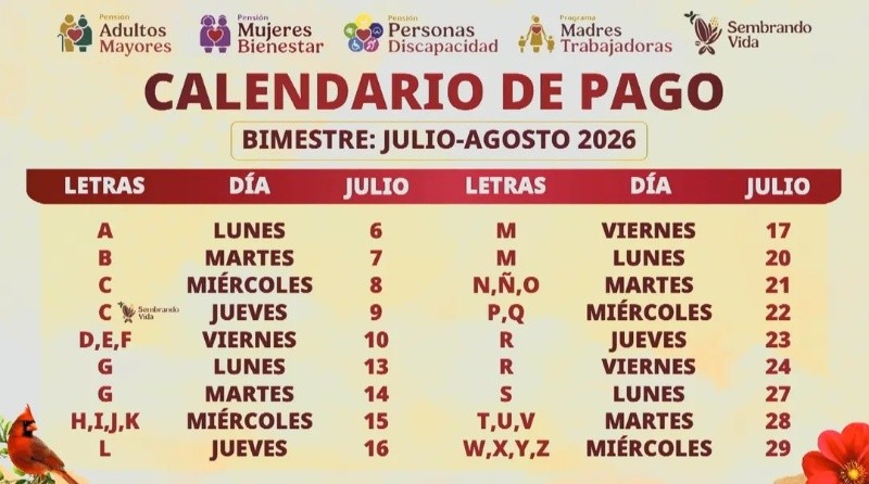 Calendario oficial de pagos de la Pensión Bienestar de julio 2026. ESPECIAL&nbsp;