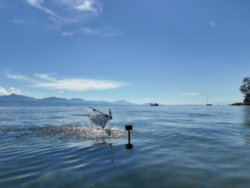 Un robot de alas batientes pasa del agua al aire en un lago natural. Fotografía facilitada por Rafael Zufferey