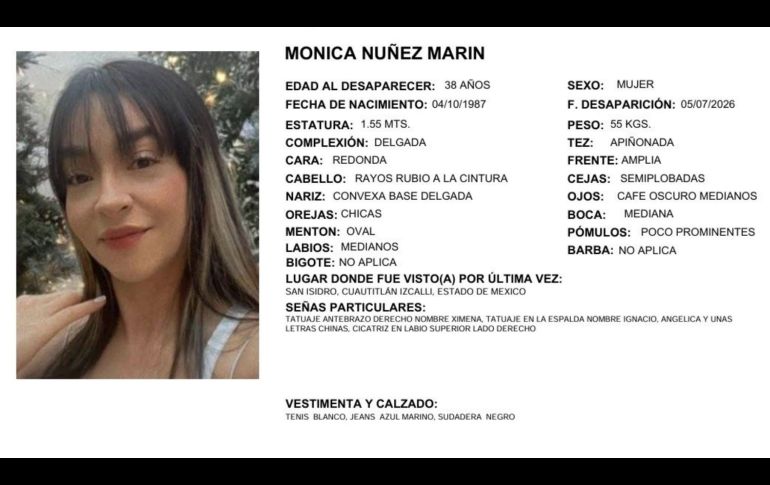 La Fiscalía General de la Nación de Colombia y la Comisión de Búsqueda de Personas del Estado de México ya emitieron fichas de búsqueda para encontrar a Mónica. X/COBUPEM
