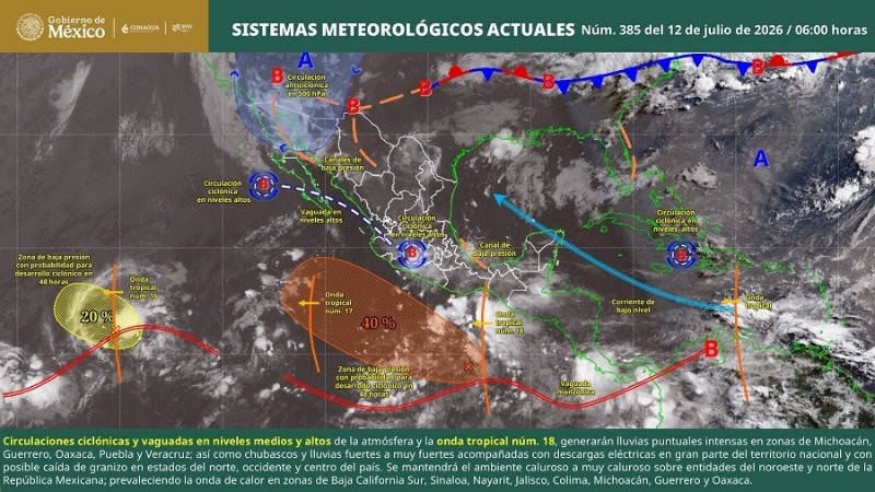 &nbsp;Se prevén lluvias en diversos estados de la República Mexicana para este domingo, 12 de julio. ESPECIAL / SMN