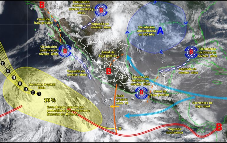 Aunque Elida se aleja de México, el SMN prevé lluvias intensas en varias entidades durante los próximos días. ESPECIAL/SMN.