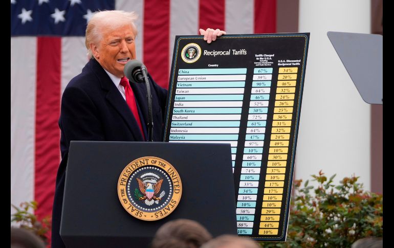 El presidente de EU, Donald Trump, habla durante un evento para anunciar nuevos aranceles en la Casa Blanca, en Washington, el 2 de abril de 2025. AP/ARCHIVO