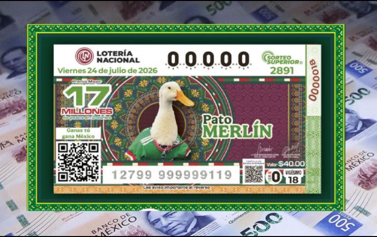 El billete del Sorteo Superior 2891 fue ilustrado con la fotografía del pato Merlín, el animal que de manera espontánea se convirtió en símbolo del entusiasmo del Mundial 2026. ESPECIAL