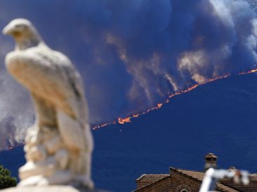 Imagen de las llamas del incendio forestal activo entre las localidades abulenses de Burgohondo y Navaluenga. EFE / R. Sanchidrián