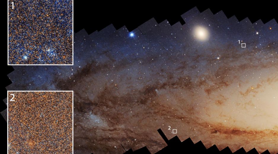 Fotografía cedida por la NASA tomada por el telescopio espacial Hubble el detalle de millones de estrellas en la galaxia de Andrómeda, donde las regiones que han experimentado una formación estelar reciente se ven notablemente más azules que aquellas con una formación estelar menos reciente. EFE/NASA